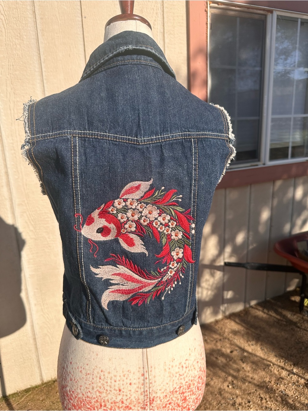 American Eagle Outfitters Dark Blue Denim Vest with Red & White Embroidered Koi